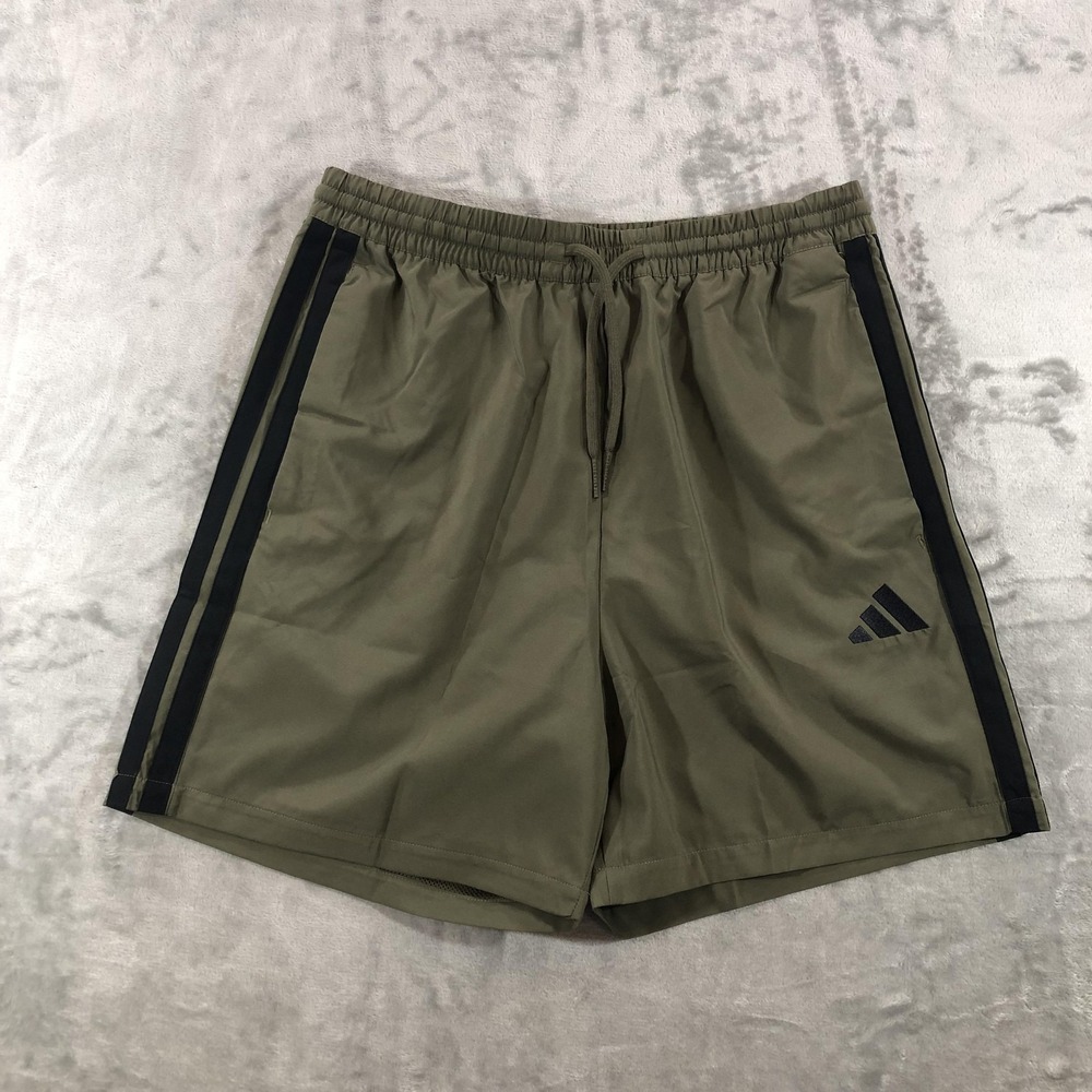 Adidas Shorts Mens Medium Green Black Striped Lined 8 Inch Inseam Athletic
